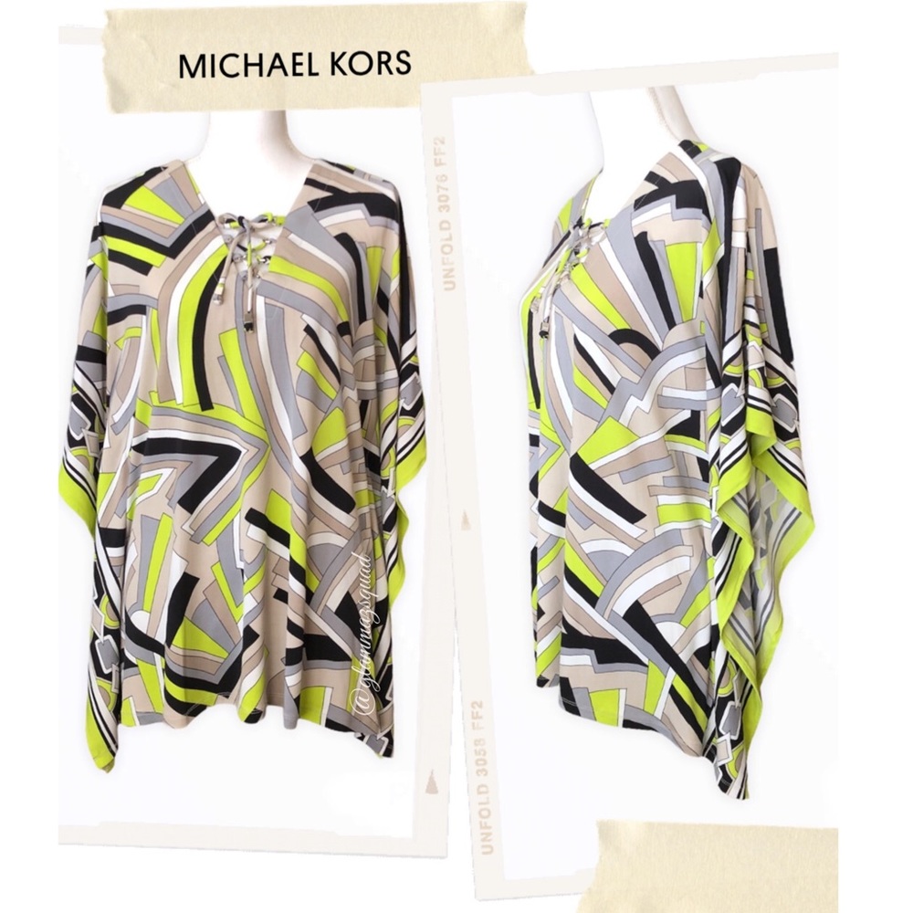 Michael Kors Lime Green & Black Geometric Batwing Top